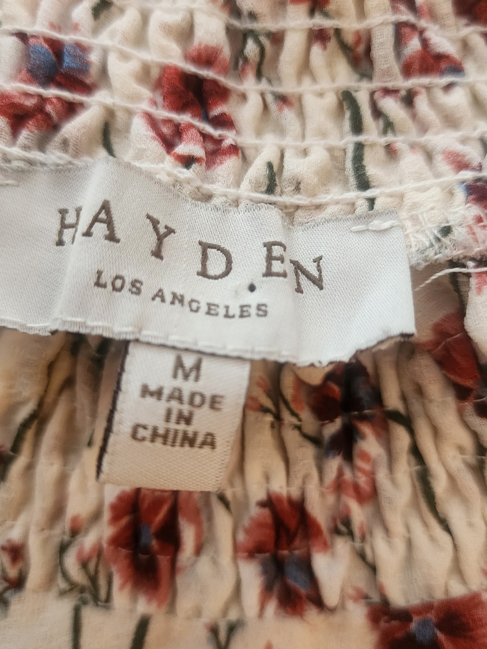 Hayden Los Angeles Floral Peasant Blouse Cream Rust Smocked Neck Boho Size M - Picture 3 of 4